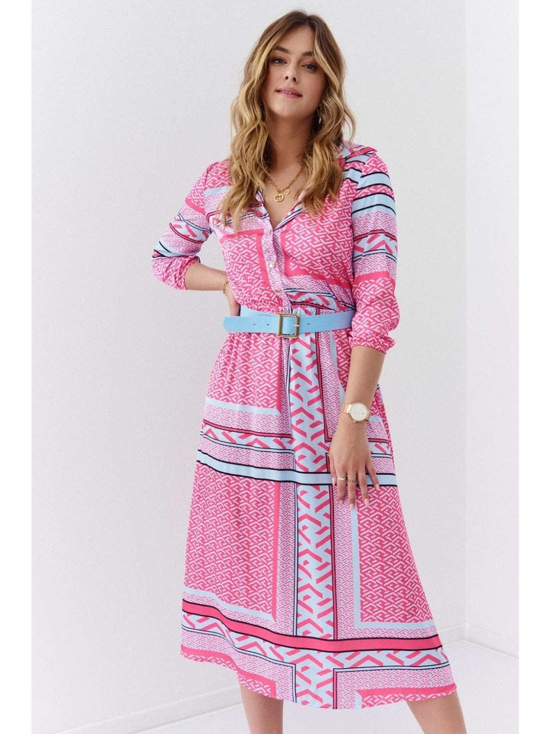 Shirt dress with a belt, pink and blue 03028 - Online store - Boutique